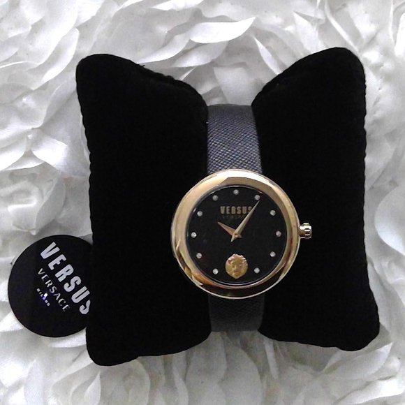 NEW Womens Versus Versace Logo Watch Black & Gold Tone Authentic New in Box COA